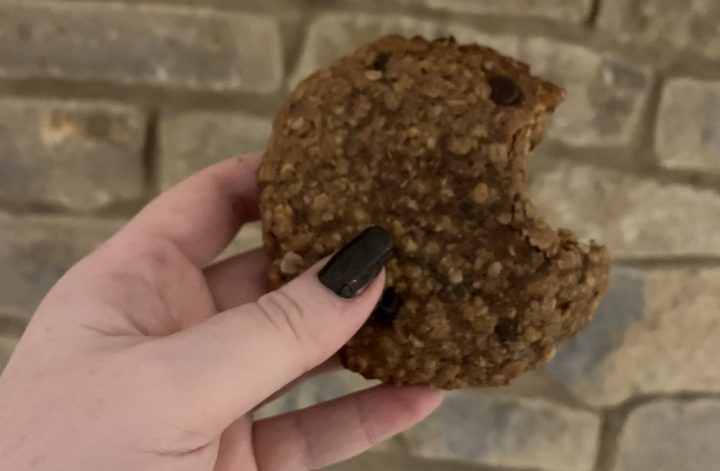 a lactation cookie held in the air in front of a rustic brick wall